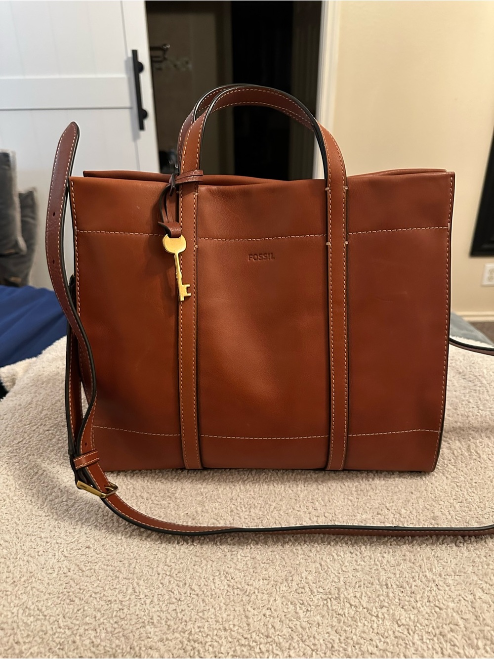 Fossil Carmen Leather Shopper Tote Bag Cognac